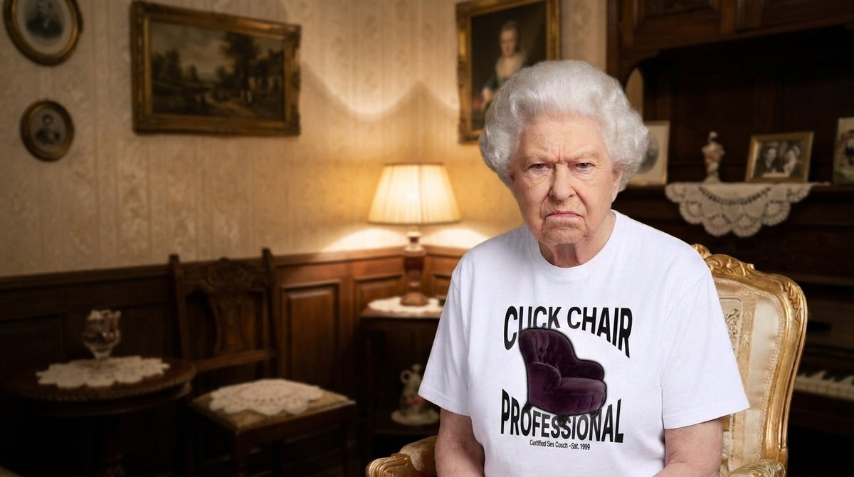 An elderly woman with white hair sits in a vintage-style room wearing a white graphic t-shirt that reads 'CUCK CHAIR PROFESSIONAL' with a purple chair illustration.